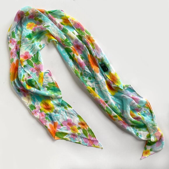 Lauren Ralph Lauren Blue Green Pink Spring Floral 100% Silk Oblong Scarf 66" - Picture 5 of 6
